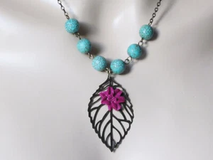 Flower Necklace Leaf Turquoise Magenta Pink Shabby Chic Boho Beach Hippie Cute - Picture 1 of 4