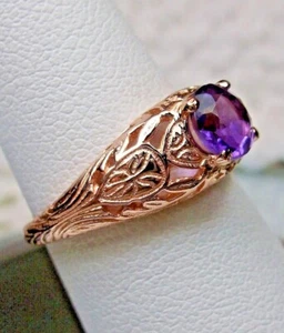 GENUINE Amethyst Sterling Silver Rose Gold Filigree Ring D160 - Picture 1 of 12
