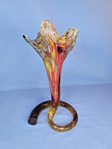 Vintage Cornucopia Hand Blown Vase Tulip Red Yellow Swirls Art Glass Spiral Base - Picture 1 of 15