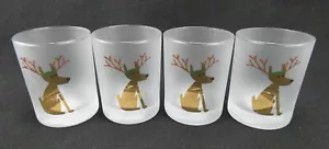 Culver Christmas Holiday Reindeer Dog Frosted Old Fashion Low Ball Glass Set /4 - Picture 1 of 3