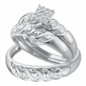 10k White Gold His Hers Round Diamond Cluster Matching Bridal Wedding Ring Set - Picture 1 of 1