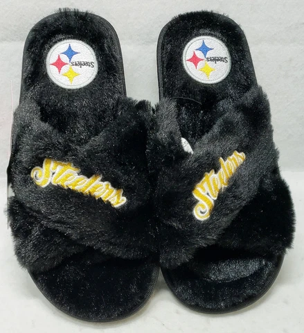FOCO Pittsburgh Steelers Womens Script Wordmark Fur Cross Slides Size S(5-6)/New Cover