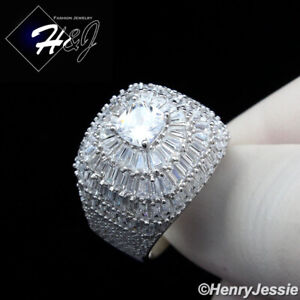 MEN 925 STERLING SILVER ICY BAGUETTE DIAMOND BLING 3D SILVER SQUARE RING*SR173