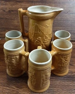 Pottery Yelloware Pitcher With 5 Mugs Vintage - Picture 1 of 9