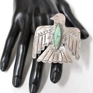 Beautiful Native American Hand Stamped Thunderbird Turquoise Adjustable Ring - Picture 1 of 6