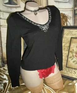 PM Silk Beaded Knit Top Blouse V-neck Black Petite Medium NWT USA Seller - Picture 1 of 7
