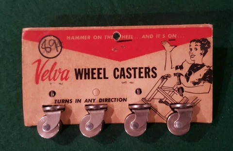 Velva Wheel Casters hammer on, metal in original Vintage Advertising packaging Cover