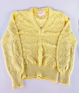 70er Vintage Preppy gelber V-Ausschnitt Pullover Damen S/M Acryl Jeans Nicole - Bild 1 von 4