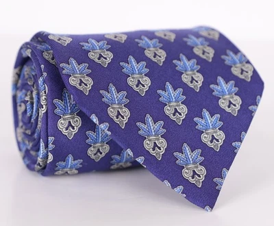 Gravata Hermes 7399 PA azul cinza Fleur-de-Lis microimpressão seda França - Imagem 1 de 4