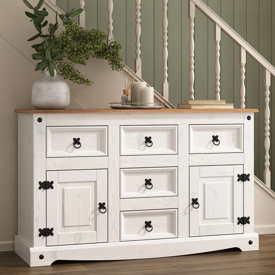 Corona Sideboard White 2 Door 5 Drawer Large Mexican Solid Pine Wood - Image 1 of 4