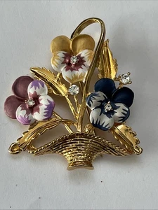 Spilla spilla vintage smaltata pansies fiori cesto tono oro trasparente AB strass - Foto 1 di 12