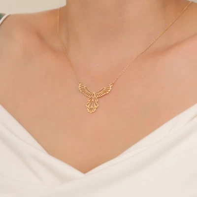 Phoenix Fire Bird Necklace Gift for Mother 14k Yellow Gold Plated 18" Chain - Image 1 of 4