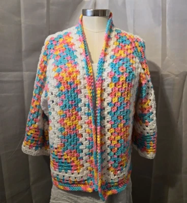 New Cardigan Open Front Granny Square Sweater  3/4 sleeve Handmade Crocheted - Image 1 of 4