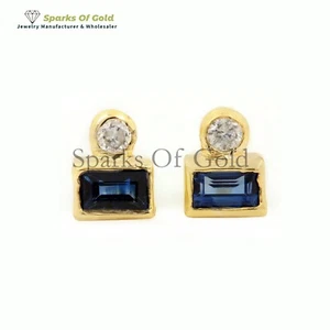 Blauer Saphir und Diamant kleine Ohrstecker 14K massiv Gelbgold 5x4 mm Ohrstecker - Bild 1 von 4