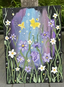 Original Kunstwerk Gemälde Leinwand Botanische Schmetterlinge mit Blumen Mondlicht - Bild 1 von 5