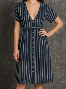 NWOT Charlotte Russe V Neck Button Up Back Tie Striped Mini Dress Blue Size S - Picture 1 of 11