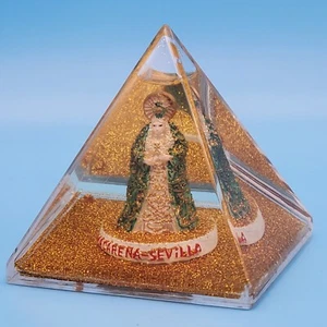 Virgin Of Hope Macarena Seville Acrylic Pyramid Water Golden Glitter Filled 3" - Picture 1 of 14