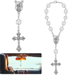 1 Stück Auto Rosenkranz für Rückspiegel mit Christophorus und Kruzifix in Silber - Bild 1 von 6