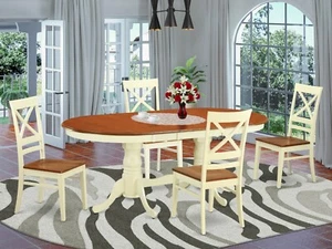 5pc Dining Set, Plainville oval pedestal table + 4 wood chairs buttermilk cherry - Picture 1 of 12