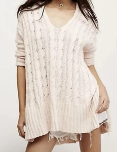 Free People Easy Cable Knit V-Neck Oversized Sweater Boho Chic Cream Sz M FLAW - Picture 1 of 10