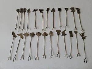 24 Vintage Mexican Alpaca Silver Cocktail Hors Doeuvre Pick Fork Abalone Figural - Picture 1 of 20