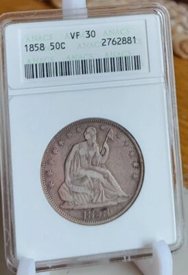 1858 Seated Liberty Half Dollar  VF30  ANACS Old Soapbox Holder - Image 1 of 2