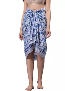 Holiday Blue Pareo Hand Block Print Hawaiian Cotton Beach Bikini Cover Up Sarong - Picture 1 of 7