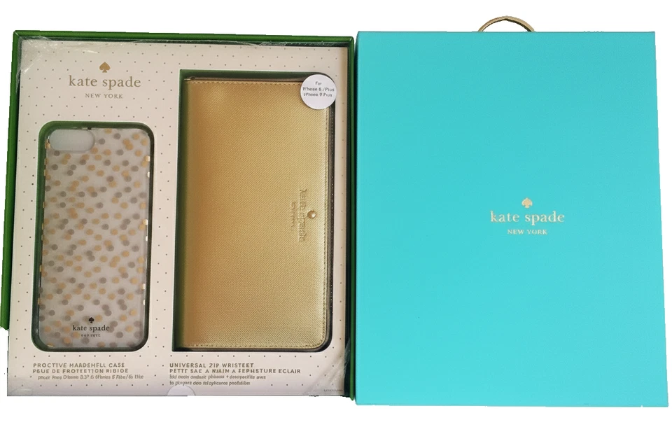 Kate Spade Wristlet iPhone 6/7/8 Plus Case Gold Dot Teal Confetti Zip Wallet NEW - Image 1 of 4