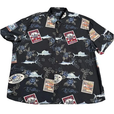 Hawaiian Shirt Mens 3XL Black Marlin Fishing Cabo Floral Aloha Island Tropical - Image 1 of 4