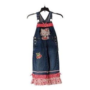 Custom Designed Hello Kitty Girls Classic Smiley Brand Denim Overalls Sz 4/5 - Picture 1 of 7