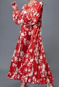 Abito Johanna Ortiz X H&M rosso rose selvatiche voluminoso raso caftano taglia L nuovo senza etichette - Foto 1 di 12