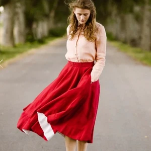 Son de Flor Damen Midirock Vollkreis Rot Schwer Leinen mit Taschen XS - Bild 1 von 7