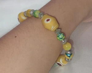 Beaded Stretch Bracelet Lampwork Ceramic Glass Yellow Silver tone Spacer 6.75" E - Picture 1 of 6