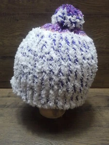 Fuzzy Knitted White And Purple Women's Hat/Beanie W/ Purple Pompom SOFT & FUZZY - Picture 1 of 5