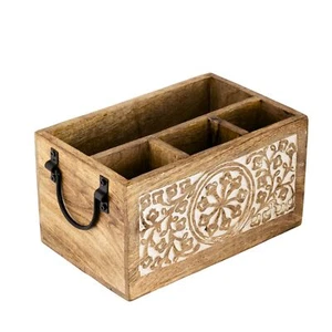 4-Compartment Wooden Silverware Caddy Farmhouse Utensil Organizer with Handles - Picture 1 of 8