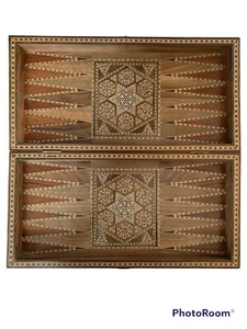 Vintage Wood Mosaic Backgammon Chess Board Handmade Middle Eastern 19.5” X 19.5” - Picture 1 of 8