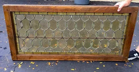 ANTIQUE STAINED GLASS AMBER TRANSOM  / WINDOW - FANCY LEADING Cover