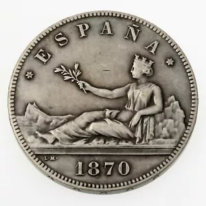 1870 Spain 5 Pesetas Silver Coin In Very Fine, KM 655 - Picture 1 of 3