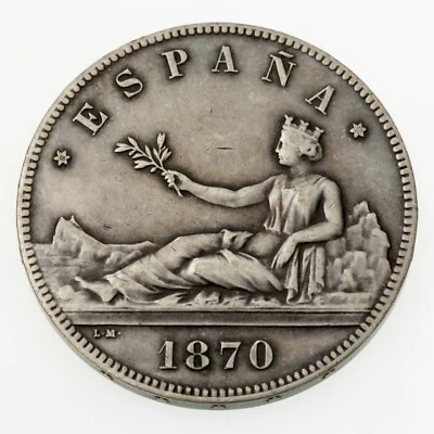 1870 Spain 5 Pesetas Silver Coin In Very Fine, KM 655 - Image 1 of 3