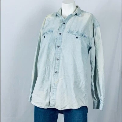 Vintage Perry Ellis "America" distressed light wash denim style button down sz M - Image 1 of 4