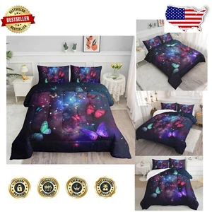 Queen Butterfly Galaxy Comforter Set - 3-Piece Black Bedding with Chic Design - Picture 1 of 8