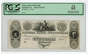 c1820s Pottsville Pennsylvania MINERS BANK OF POTTSVILLE $5 Proof PCGS62 - Picture 1 of 2