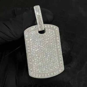 3.00Ct Round Cut Moissanite Dog Tag Charm Pendant 14K White Gold Plated Silver - Picture 1 of 5
