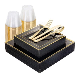 150 PCS Clear Black Plastic Dinnerware, Disposable Black Sets, Gold Square Pl... - Picture 1 of 9