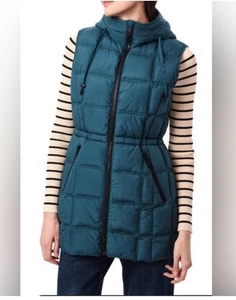 Bernardo Long Teal Quilted Hooded Vest Women’s Large Lightweight Puffer NEW - Picture 1 of 7