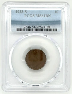 1923-S Lincoln Wheat Cent Graded by PCGS as MS61BN Brown - Picture 1 of 4