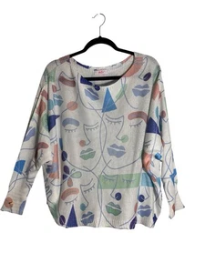 Yolly Italy Art Face Print Sweater Top Abstract Lightweight Knit M/L J25 - Picture 1 of 7