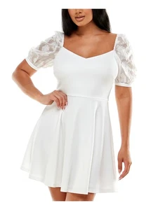 SPEECHLESS Womens White Scuba Crepe Pouf Sleeve Mini Fit + Flare Dress 9 - Picture 1 of 11