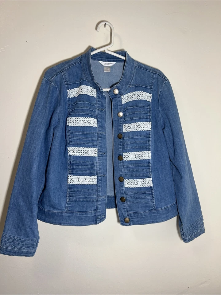 Christopher & Banks Denim Jacket Womens Petite XL Button Up Lace Trim Stretch - Image 1 of 4