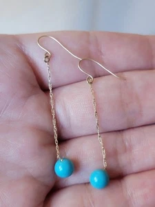 14K YELLOW GOLD TURQUOISE DANGLE DROP EARRINGS - Picture 1 of 5